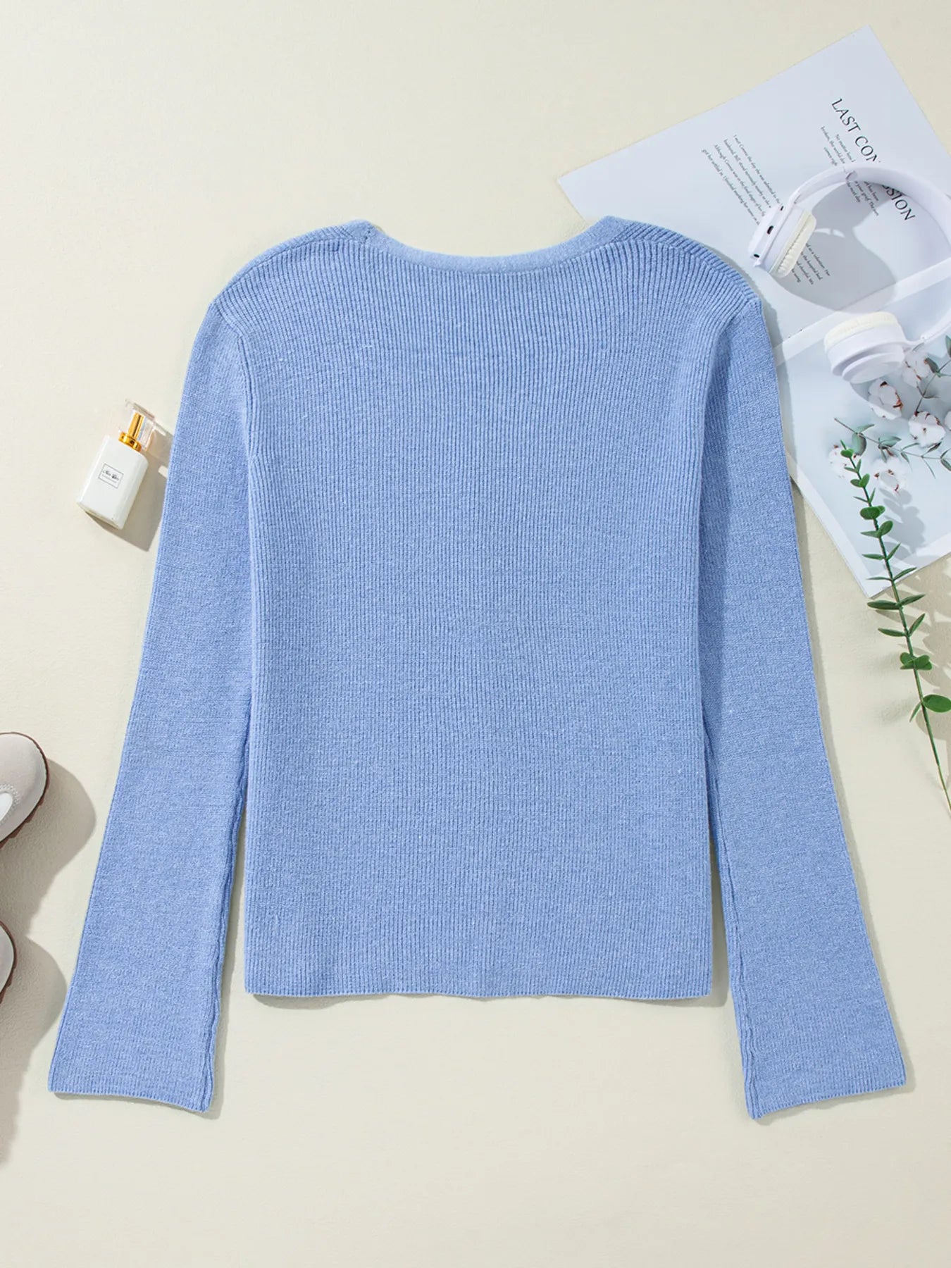 Ribbed Knit Button Front V Neck Cardigan - Fashorio