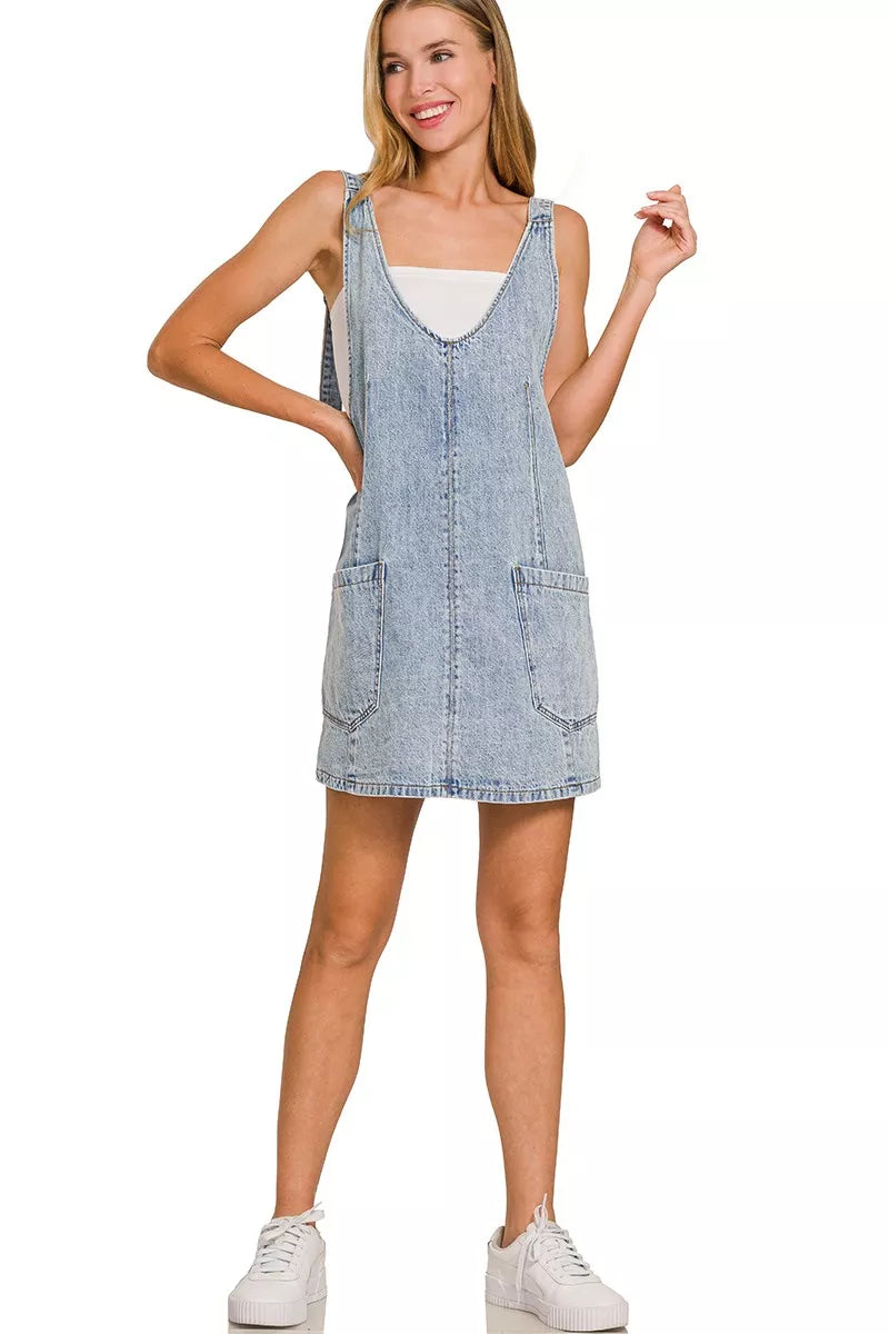 Zenana light wash denim overall dress close up view