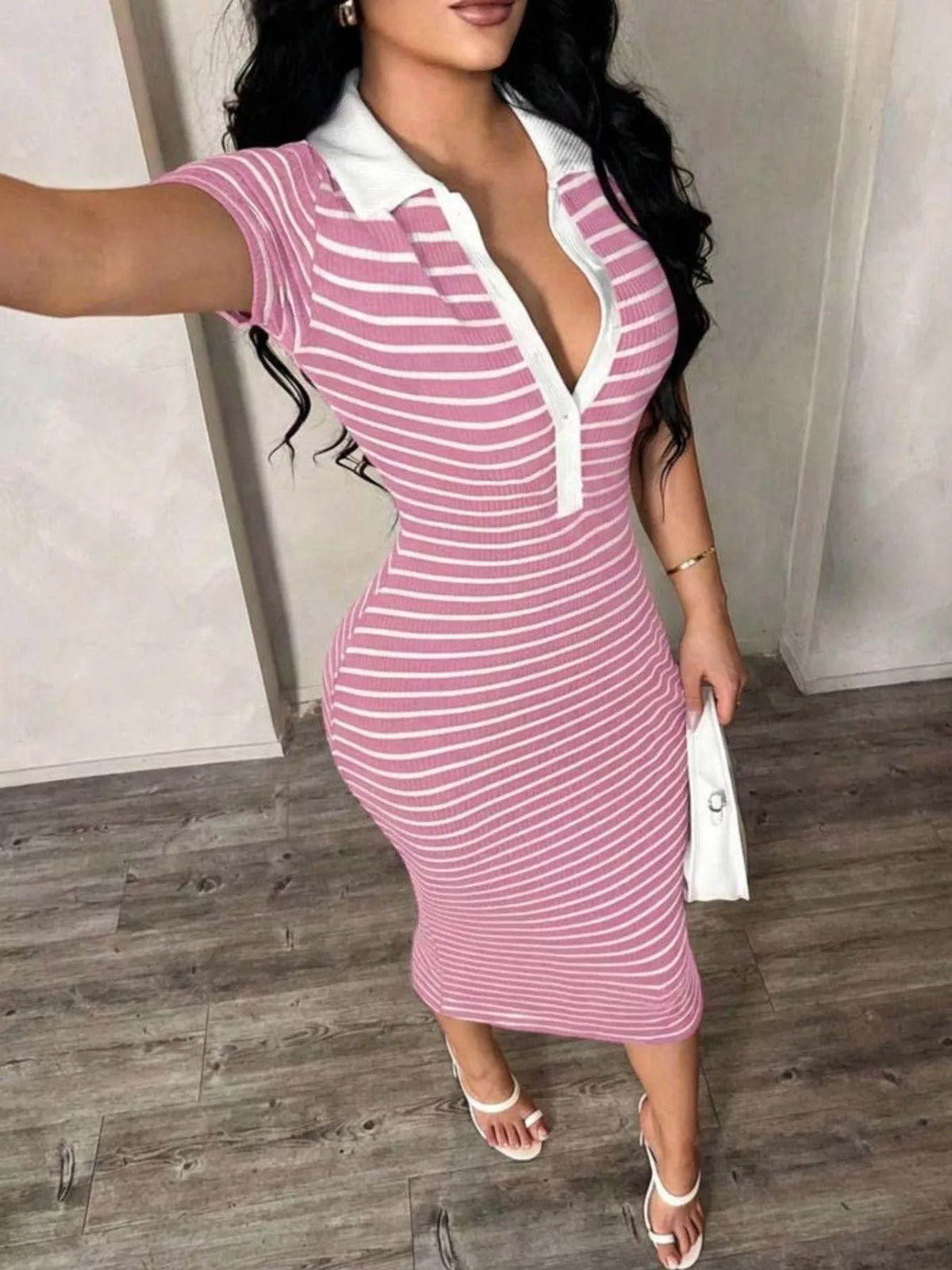 Striped polo collar midi dress front view
