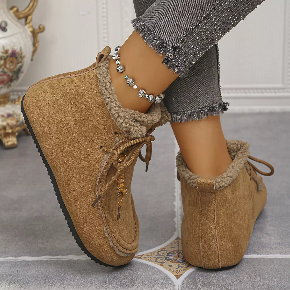 Plush lined ankle boots in Gray, side profile
