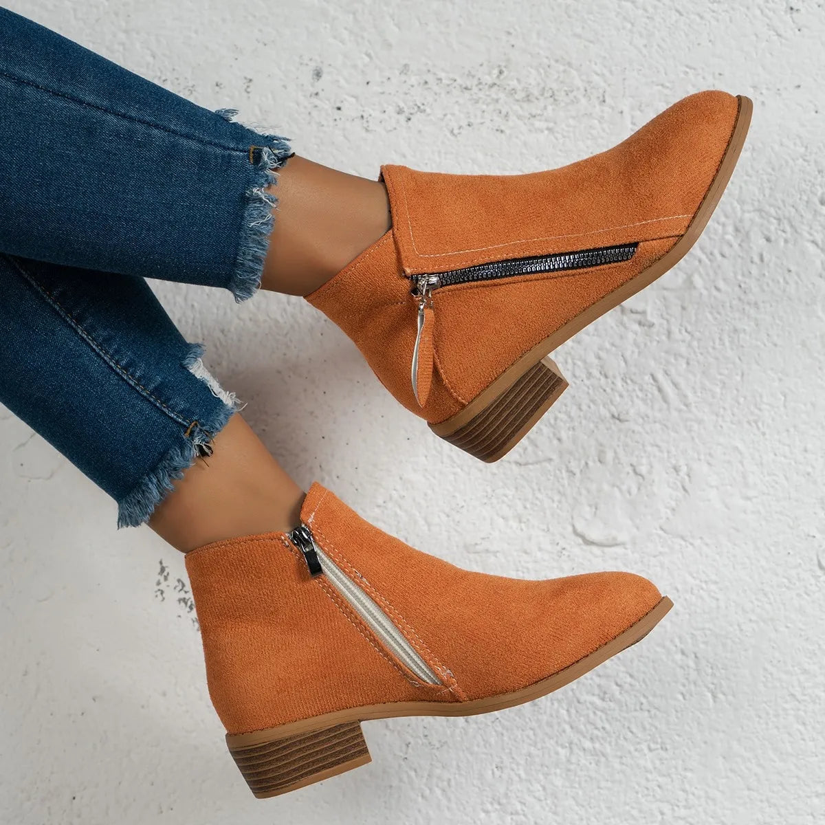 Side Zip Ankle Boots with Block Heel Orange-red - Fashorio