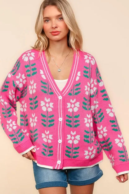 Haptics Full Size Floral Jacquard V-Neck Button Up Cardigan - Fashorio