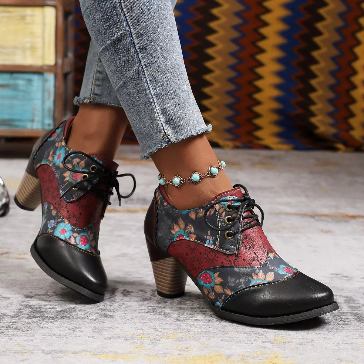 Lace up block heel ankle boots front view
