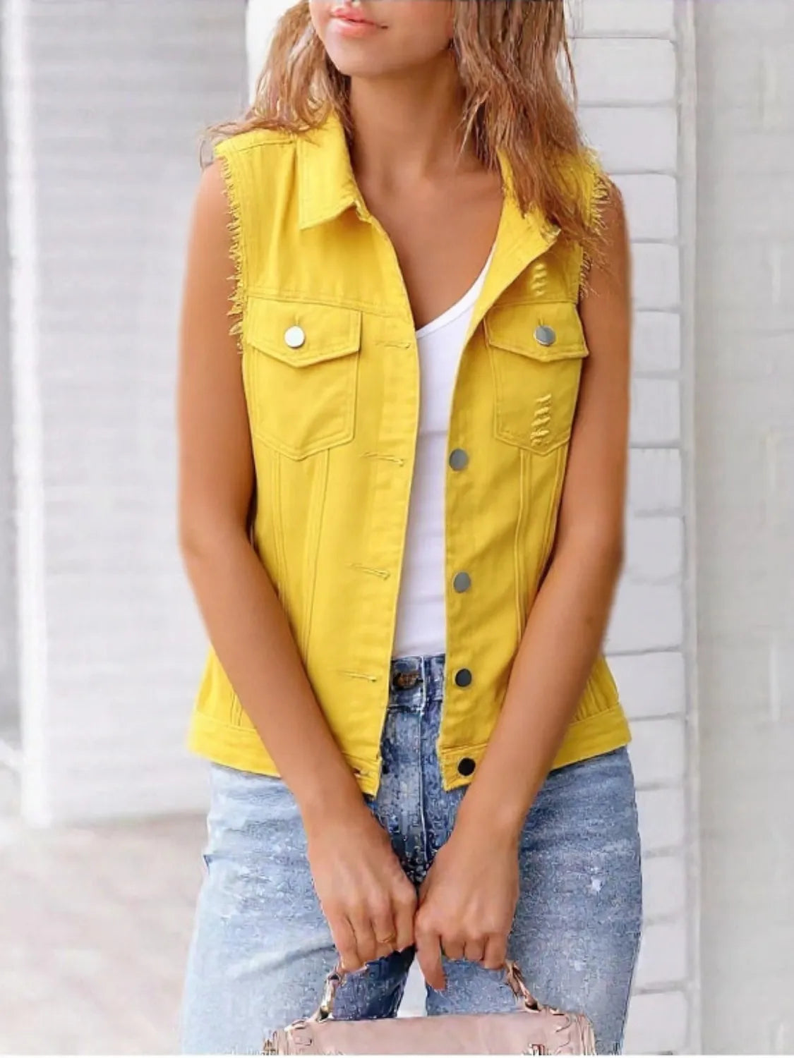 Frayed Denim Vest Plus Size in Blush Pink view 11
