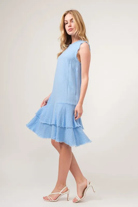Washed Fringe Detail Tiered Dress on model