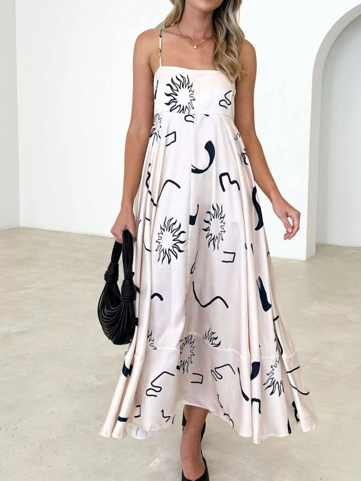 printed spaghetti strap maxi dress full length view
