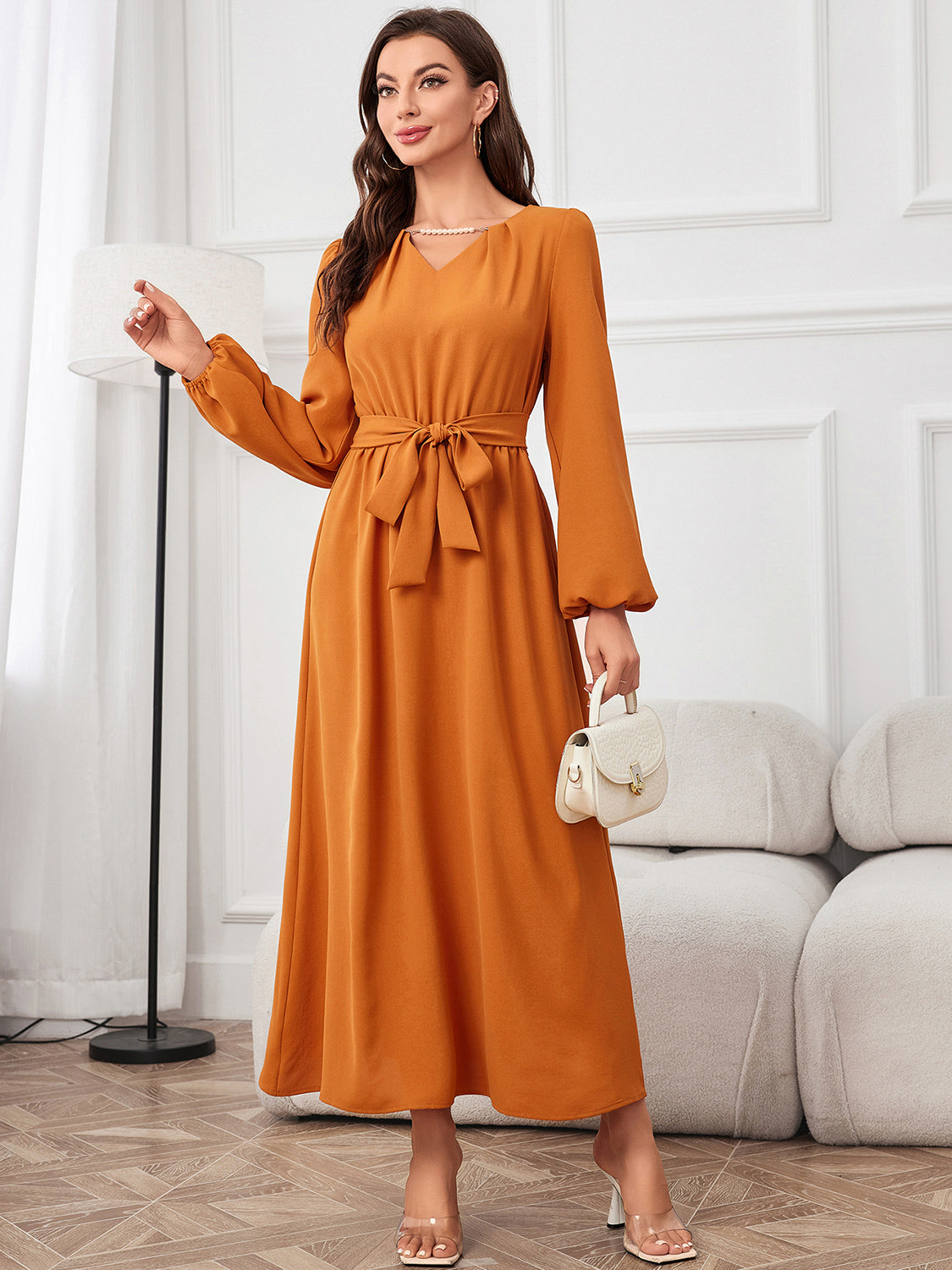 Tie Waist Puff Sleeve Maxi Dress - Fashorio