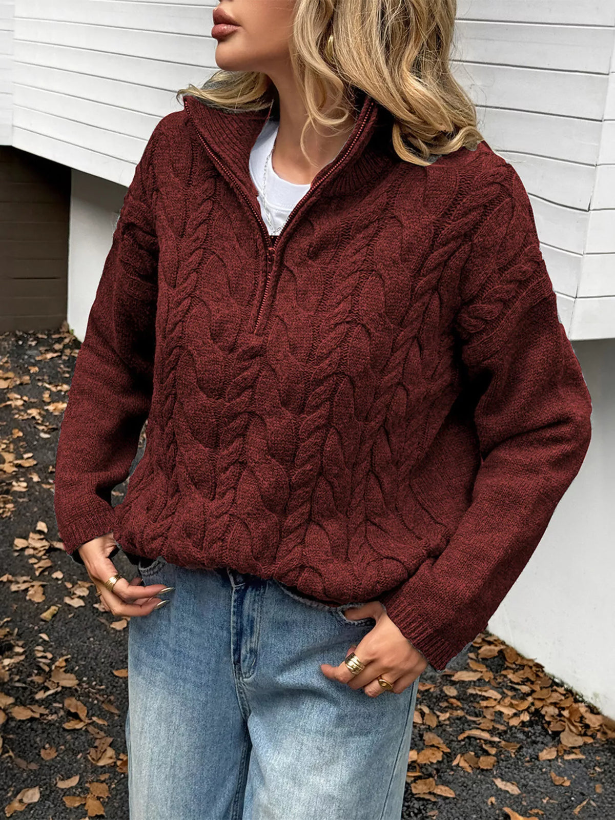 Zip collar cable knit sweater knit detail view