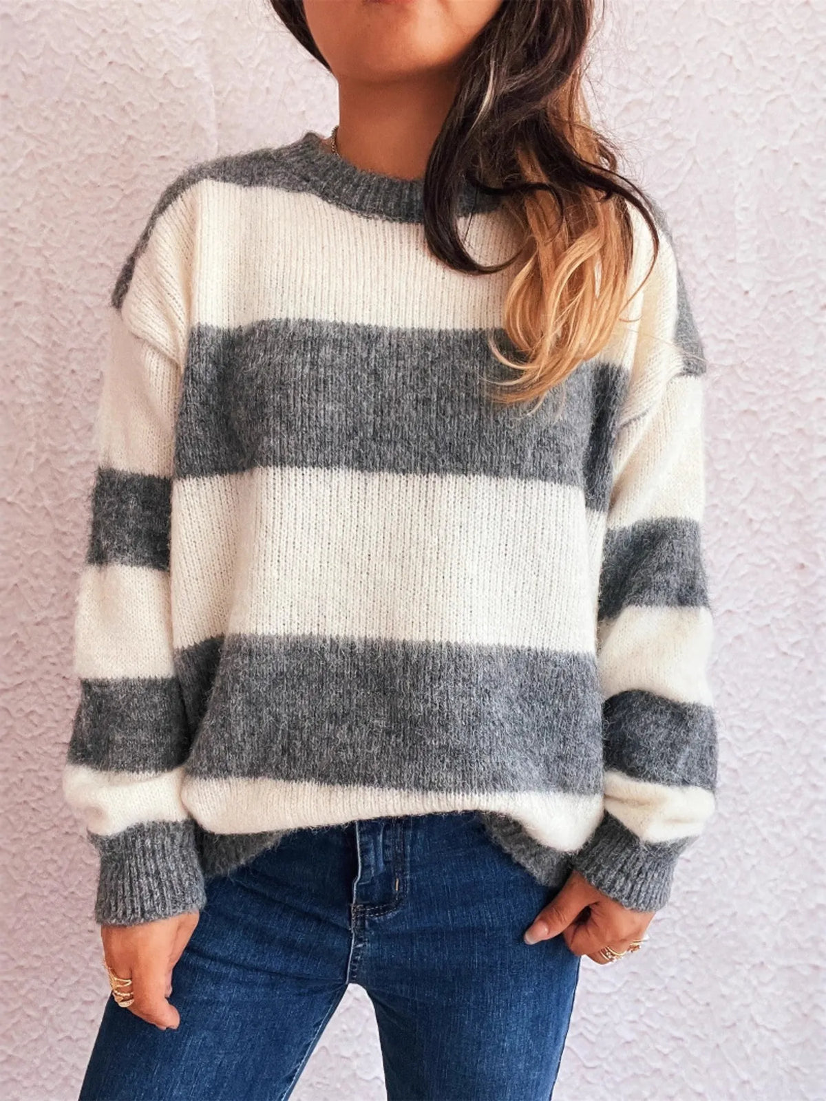 Striped contrast long sleeve oversized sweater contrast trim view