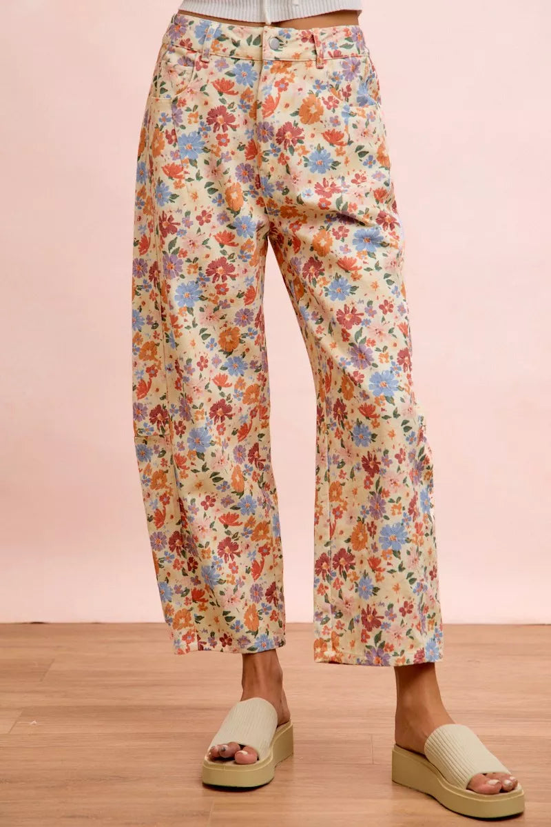 Cream multi floral twill barrel pants shown full length from the front