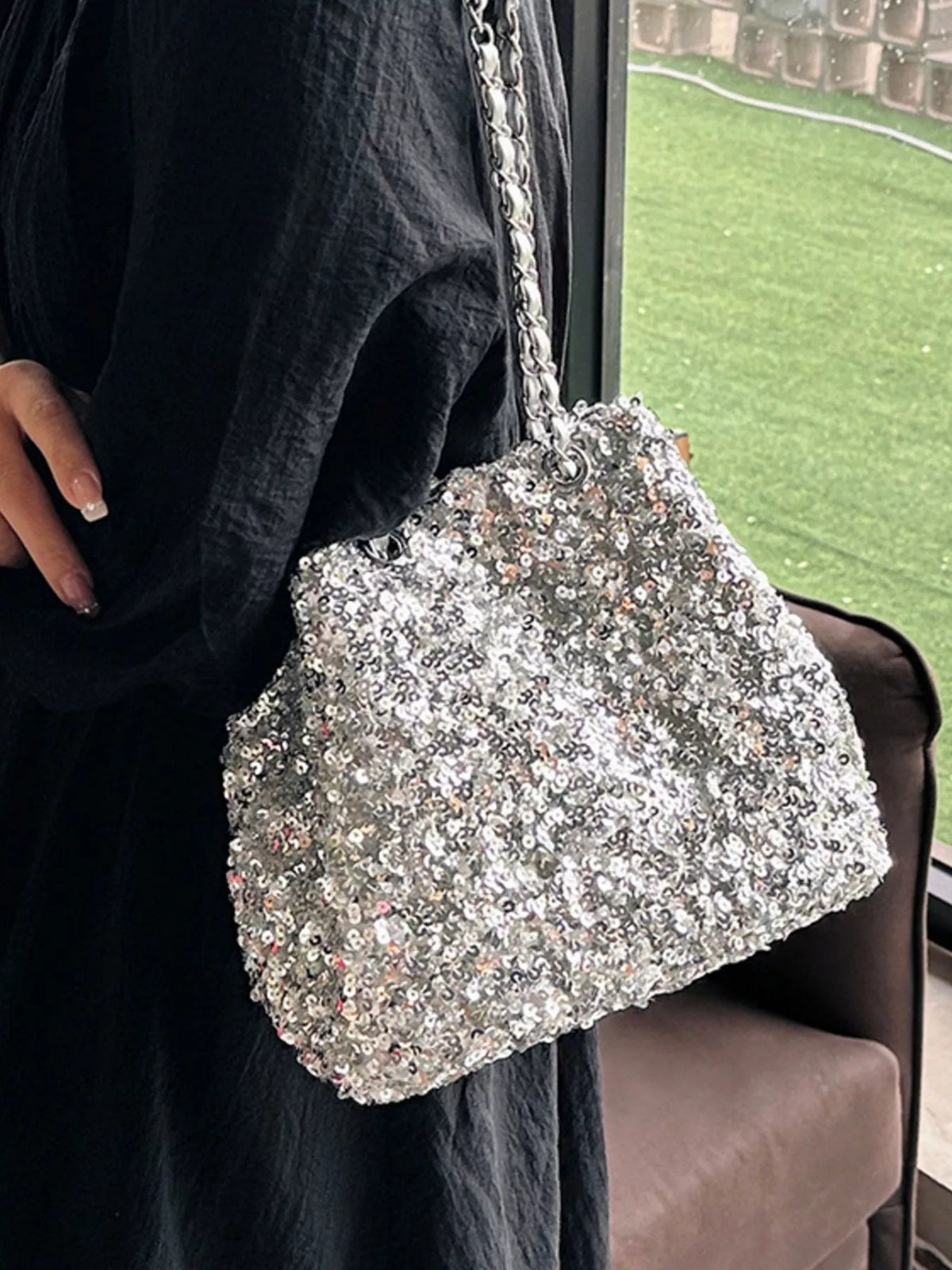 Silver sequin bucket bag side view