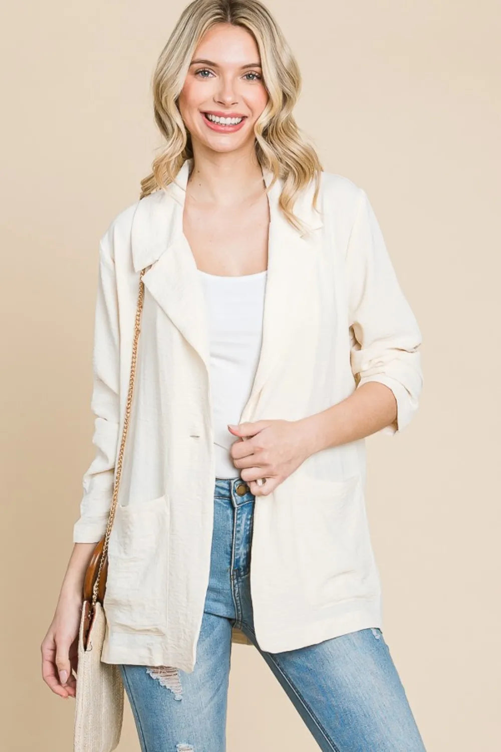 Culture Code Blazers New Ivory / S Culture Code One Button Long Sleeve Blazer with Pockets