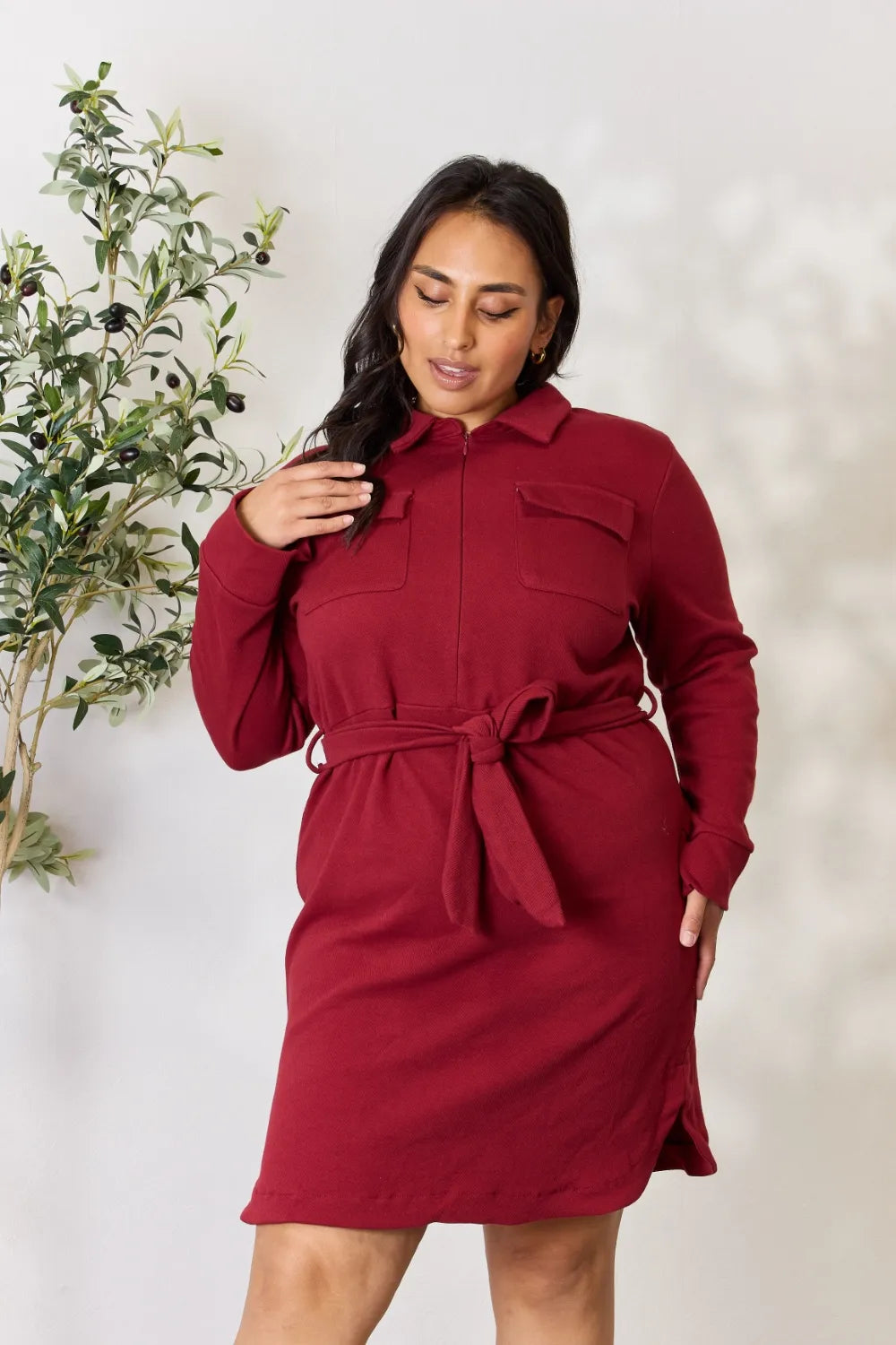 Culture Code Burgundy / S Tie Front Half Zip Long Sleeve Shirt Dress