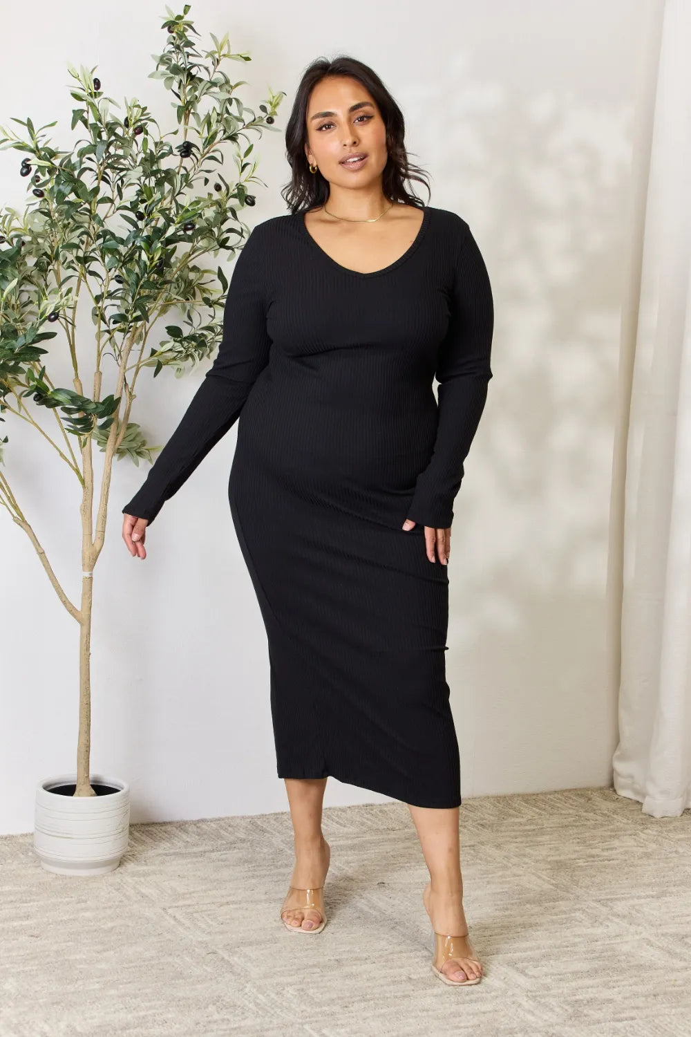 Culture Code Ribbed Long Sleeve Midi Dress with Side Slit – Chic Everyday Style