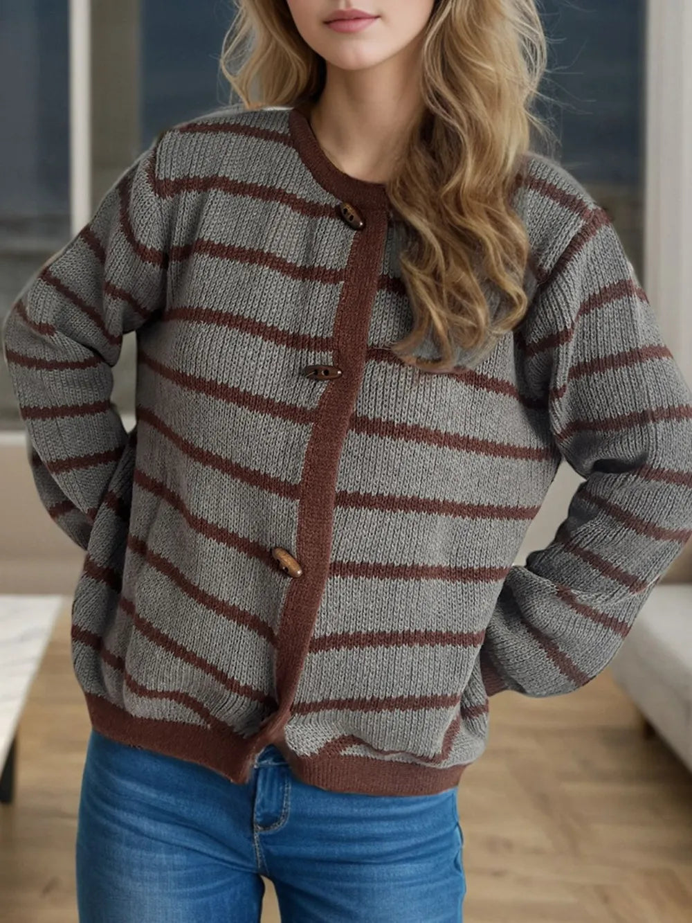 Striped Round Neck Long Sleeve Cardigan - Fashorio