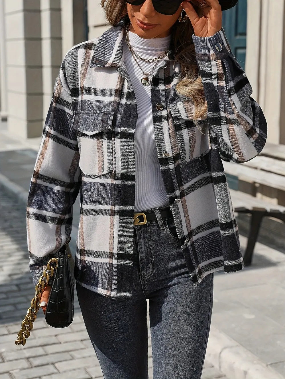 Plaid Button Up Drop Shoulder Shacket in Black back view