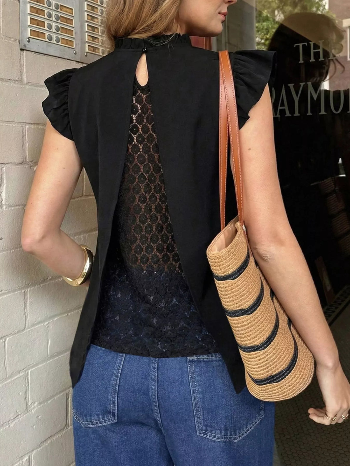 Black ruffled lace back top front view