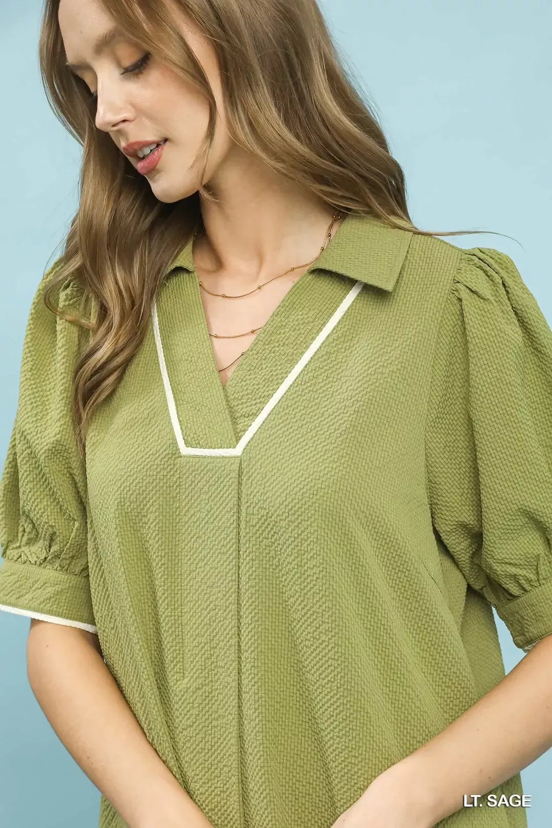 Seersucker Midi Dress with Contrast Trim styled look