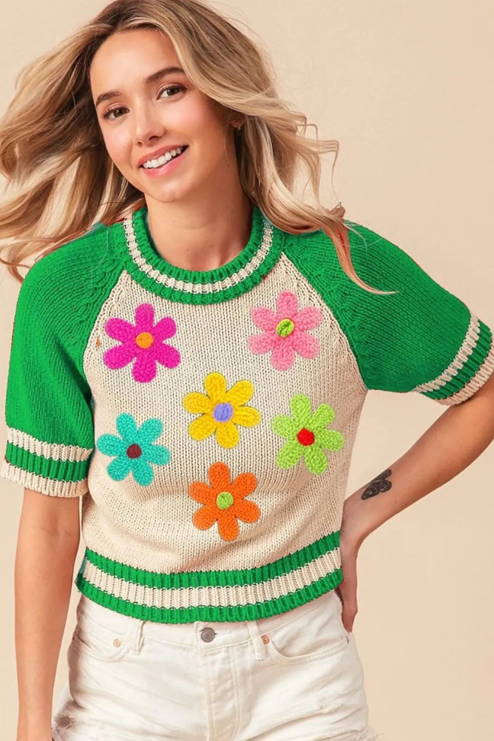 BiBi Crochet Flower Patches Striped Rib Band Sweater JADE - Fashorio