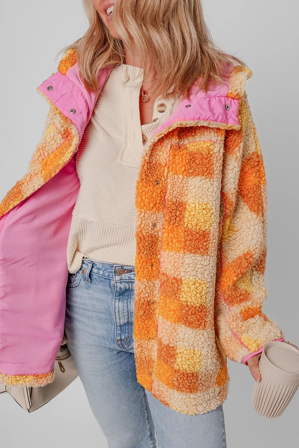 Checkered Sherpa Hooded Jacket in Tangerine back view