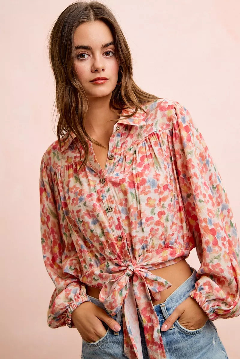Floral print tie hem crop shirt flat lay view