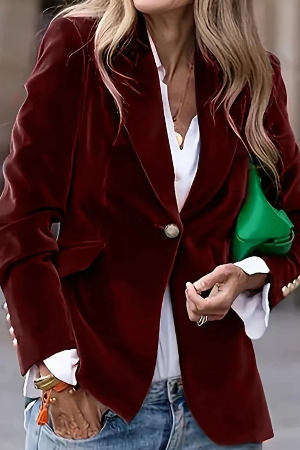 One Button Lapel Collar Long Sleeve Blazer - Fashorio