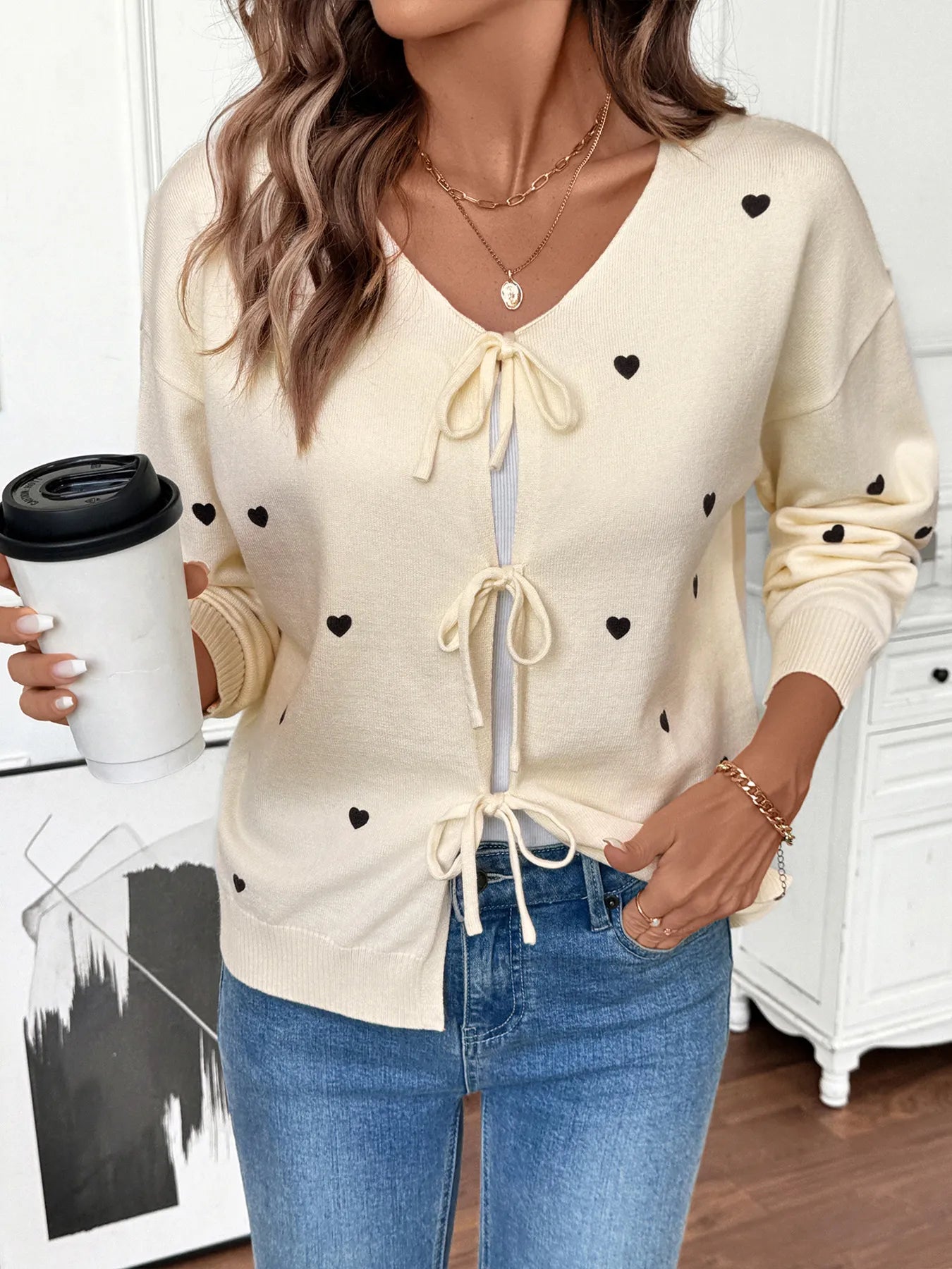 Heart Tie-Front Long Sleeve Cardigan - Fashorio