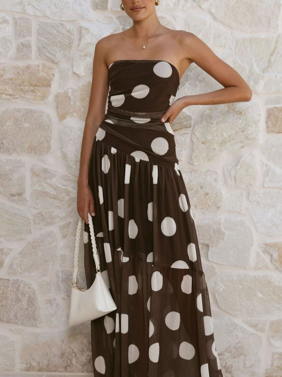 Polka dot strapless ruched maxi dress, side profile