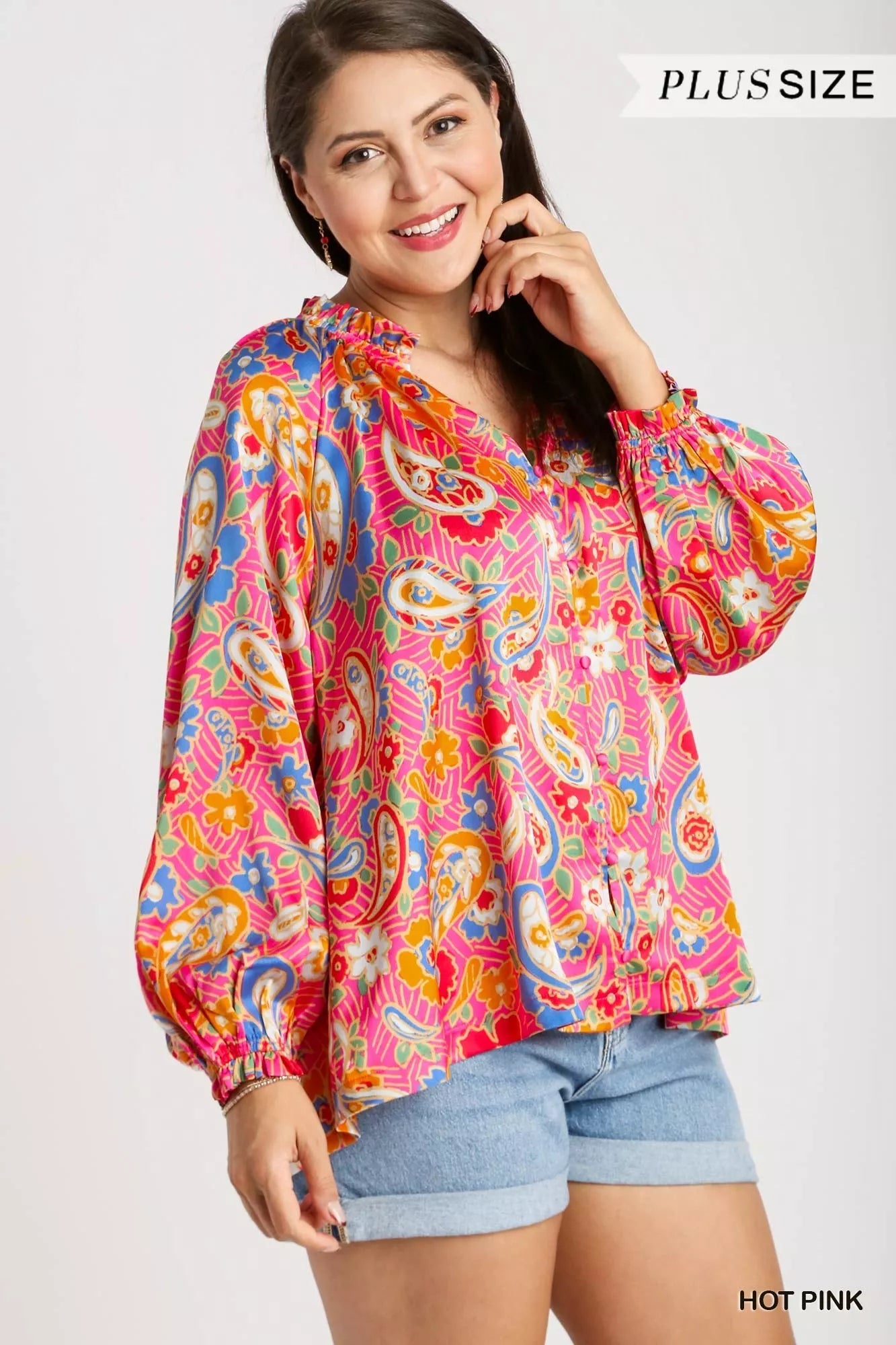 Umgee Full Size Satin Paisley Ruffle Neck Button-Up Shirt Plus Size - Fashorio