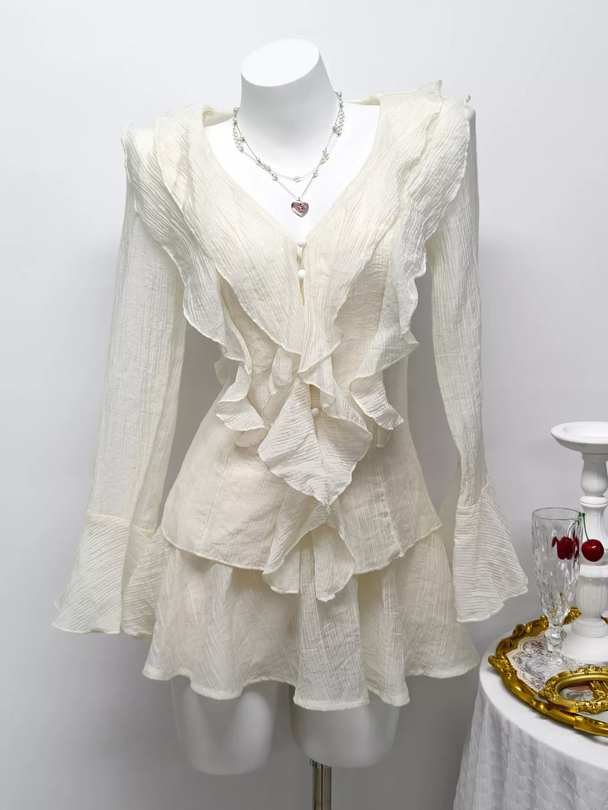 Apricot ruffle trimmed blouse and skirt set front view