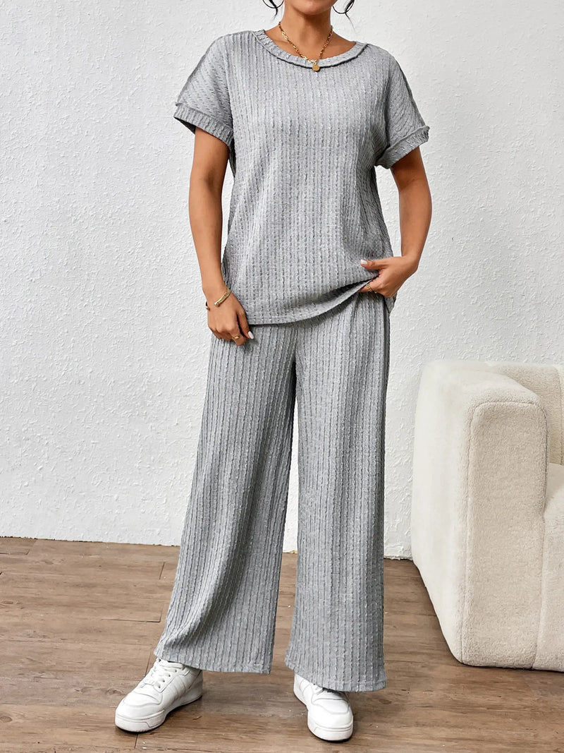 Ribbed round neck top and pants matching set in light gray