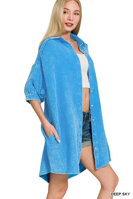 Washed Double Gauze Button Down Shirt Dress in Sky Blue back view