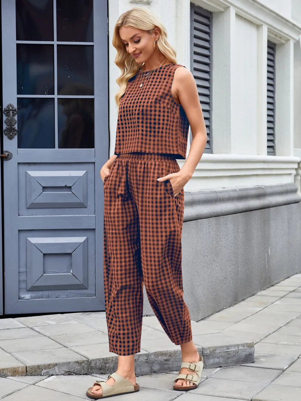 Plaid Sleeveless Top and Pants Set view 7
