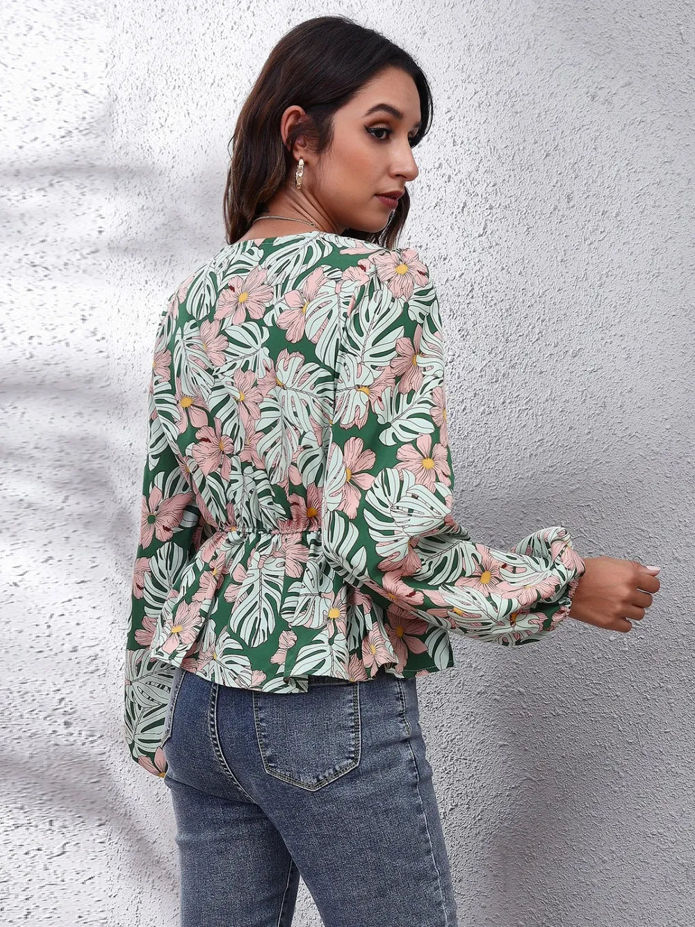 Floral V-Neck Balloon Sleeve Peplum Blouse - Fashorio
