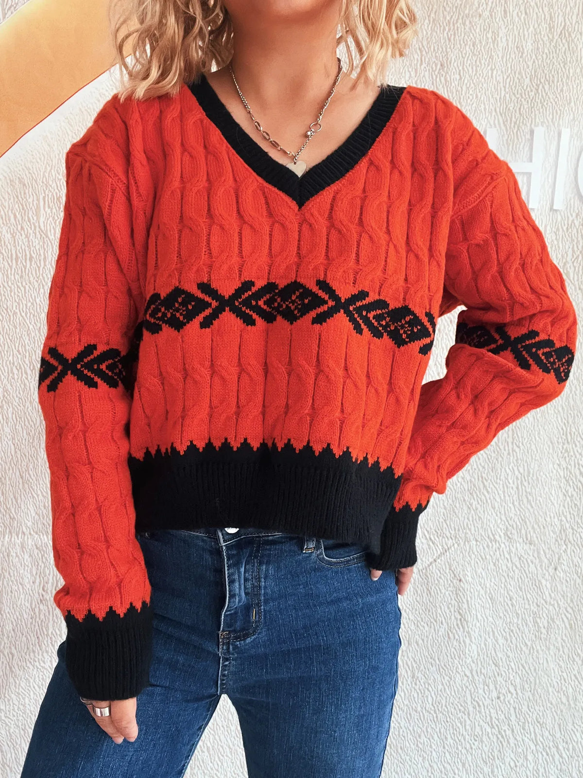 Cable Knit V Neck Sweater styled look