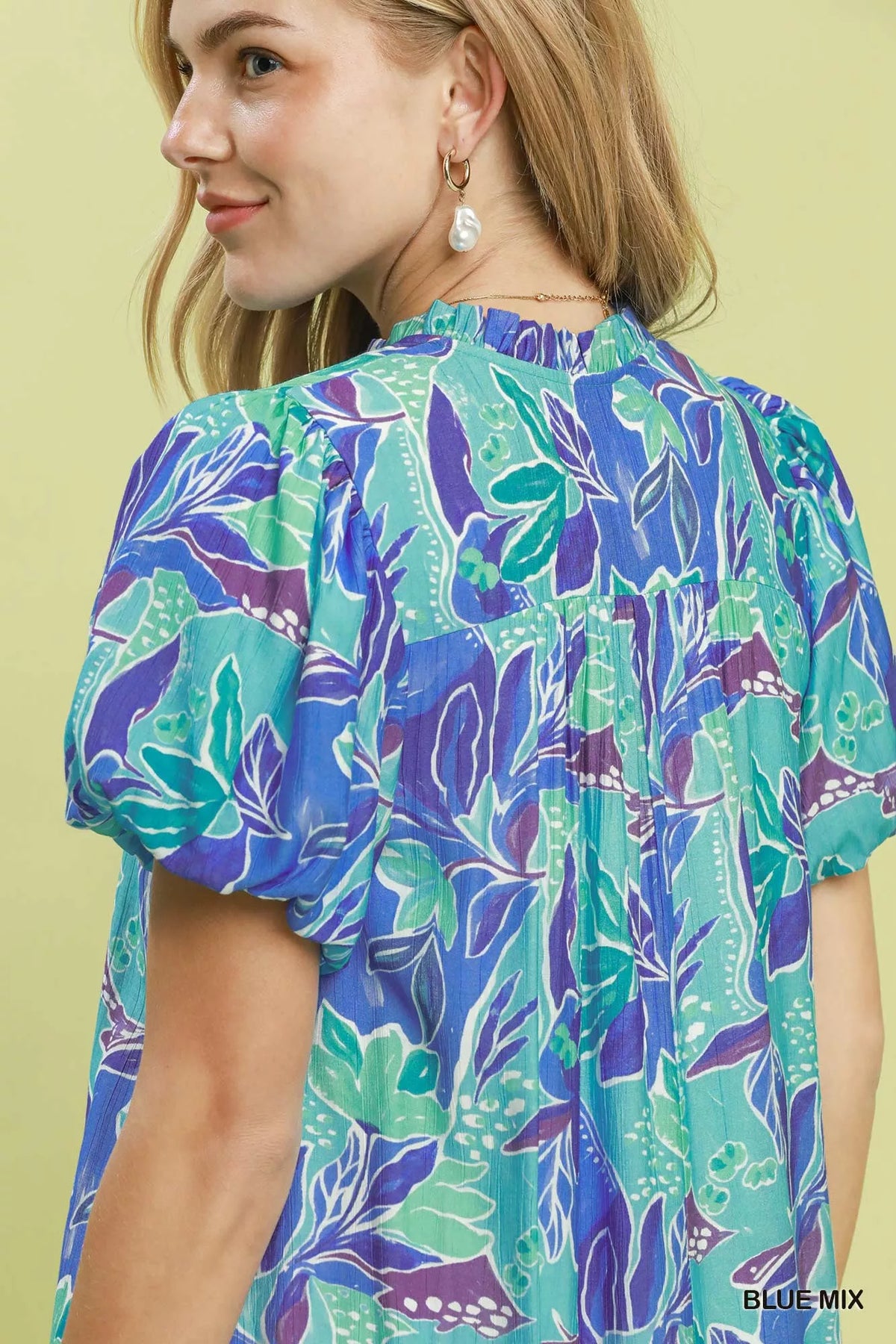 Blue tropical floral puff sleeve mini dress full length view