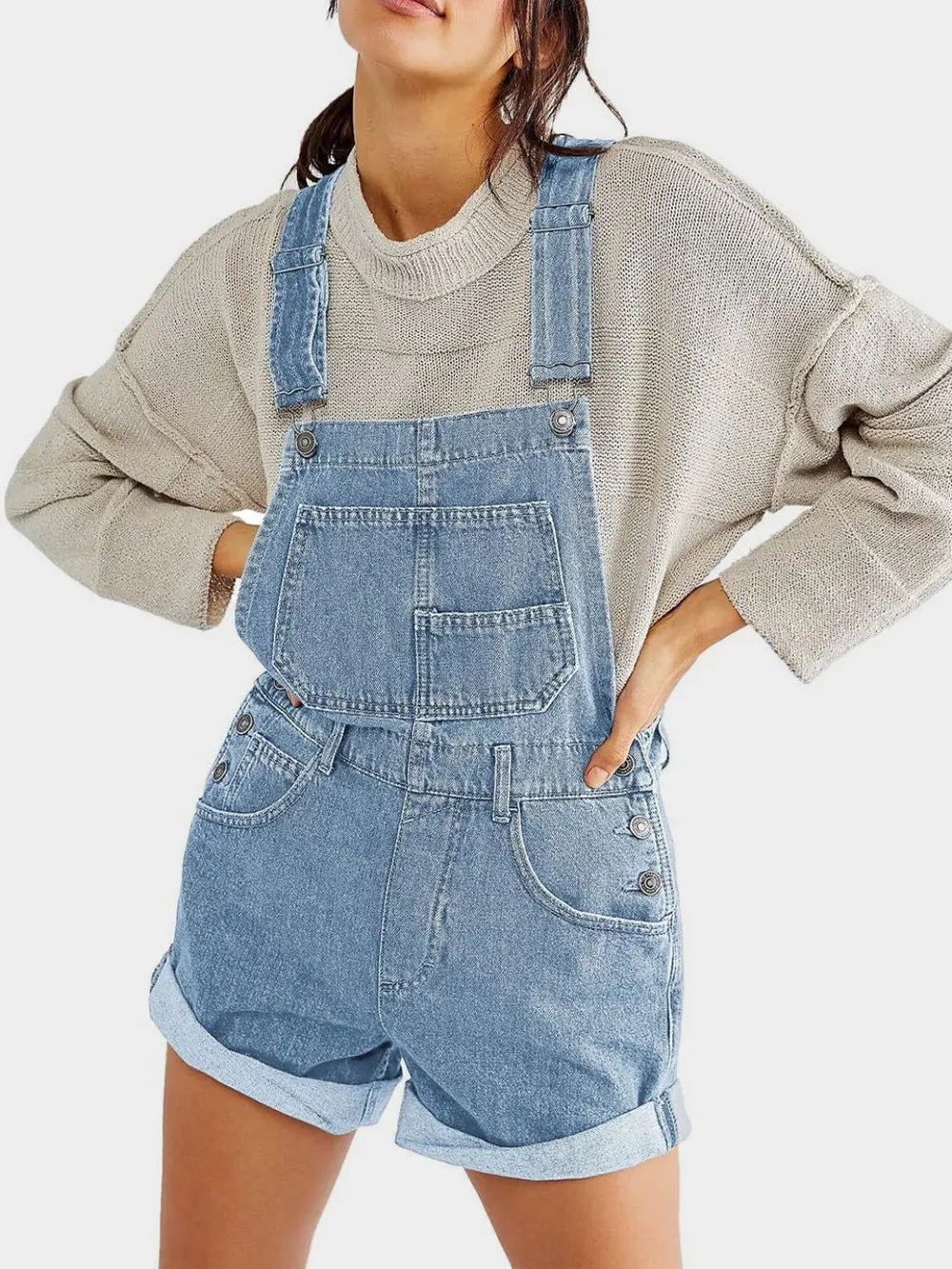 Pocketed Square Neck Wide Strap Denim Overalls Light - Fashorio