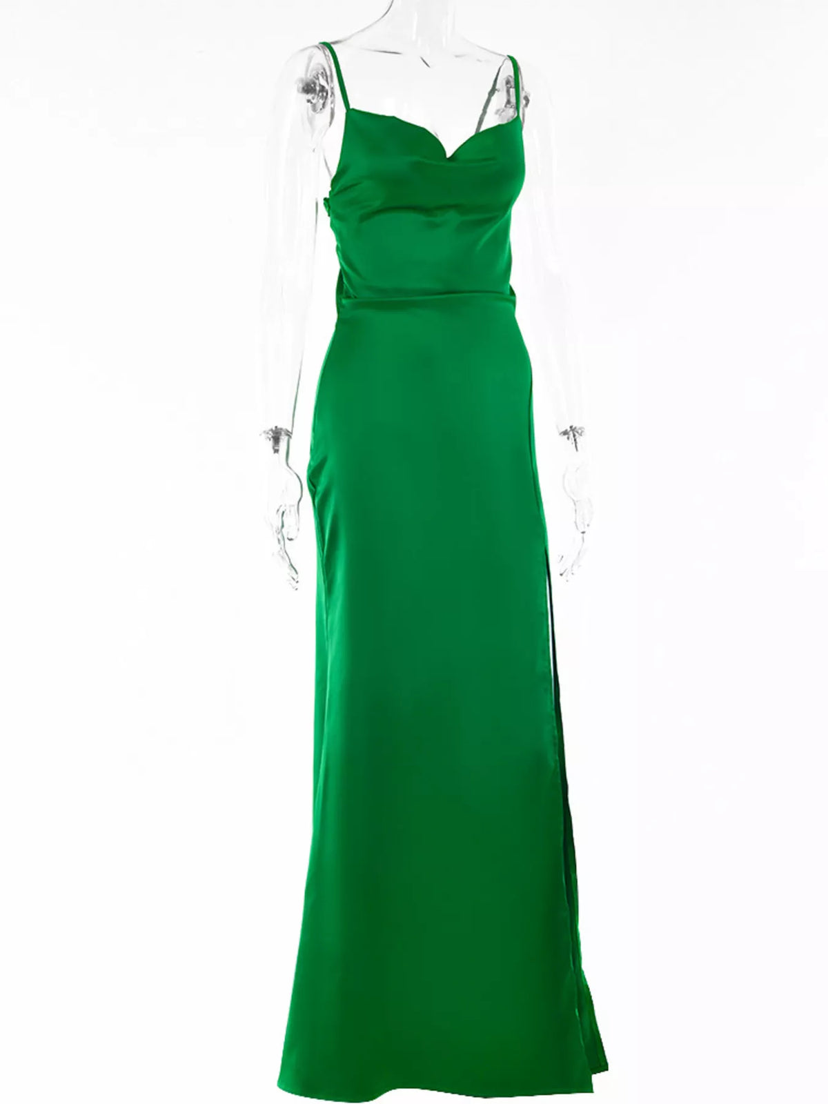 Close up of spaghetti straps and neckline on maxi dress