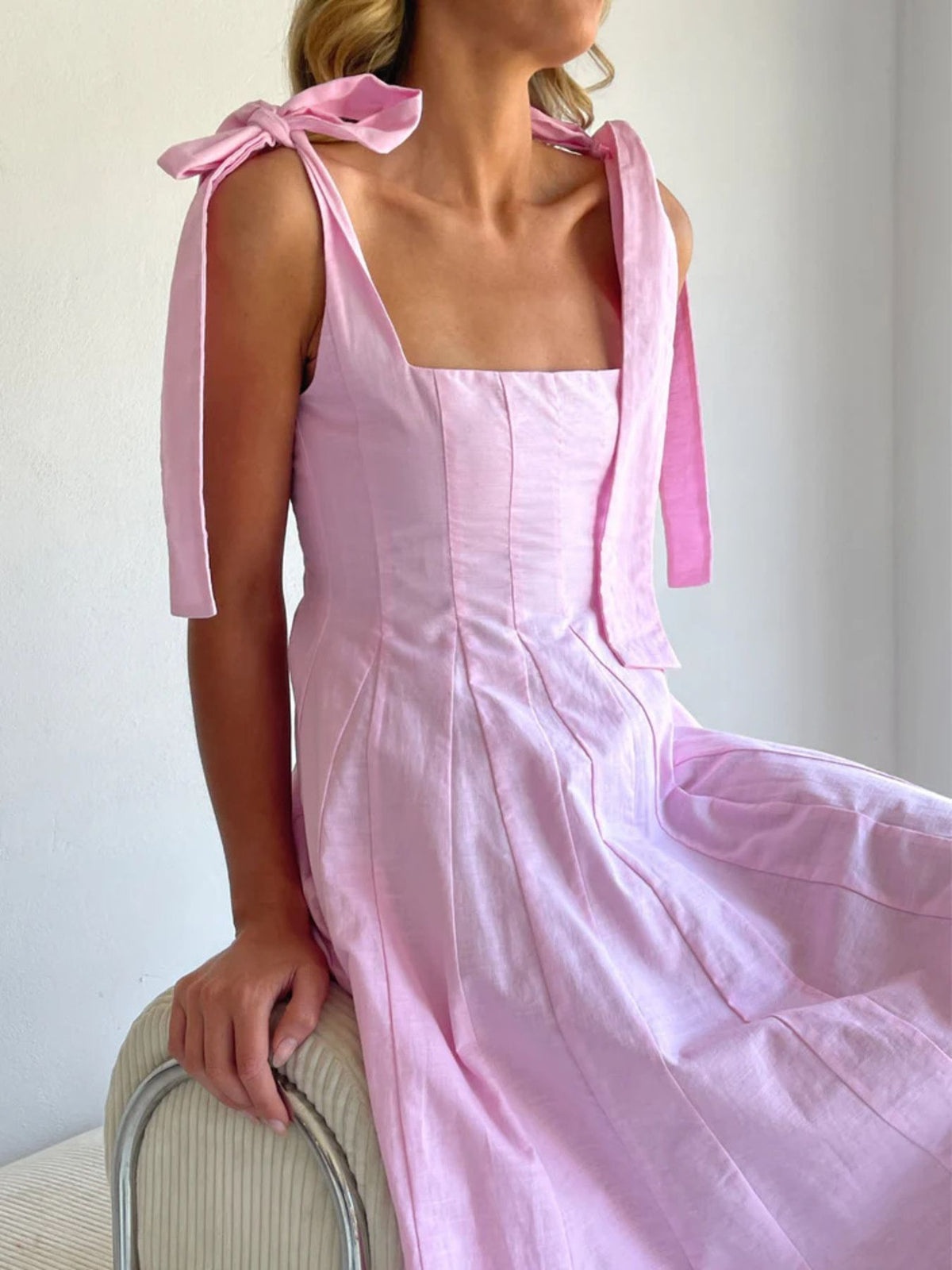 Gradient tie shoulder maxi dress seated pose