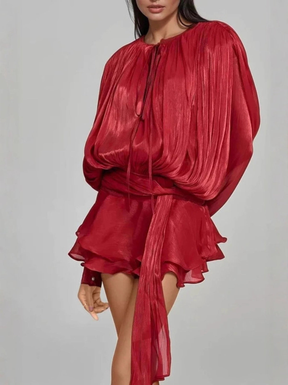 Wine red coordinated balloon sleeve top and skirt set styled