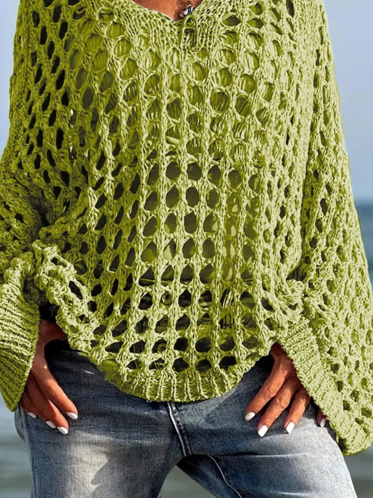 Crochet long sleeve knit cover up, side view
