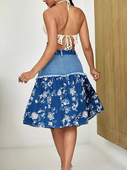 Floral Denim Skirt with Frayed Hem Detail - Fashorio