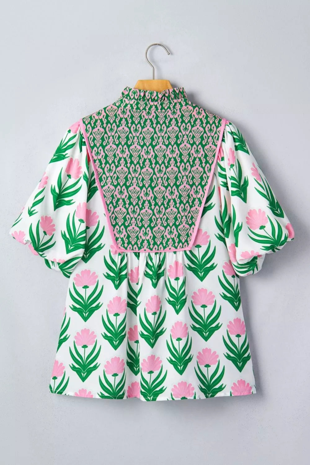 Sage floral puff sleeve V neck blouse, close up of the detail