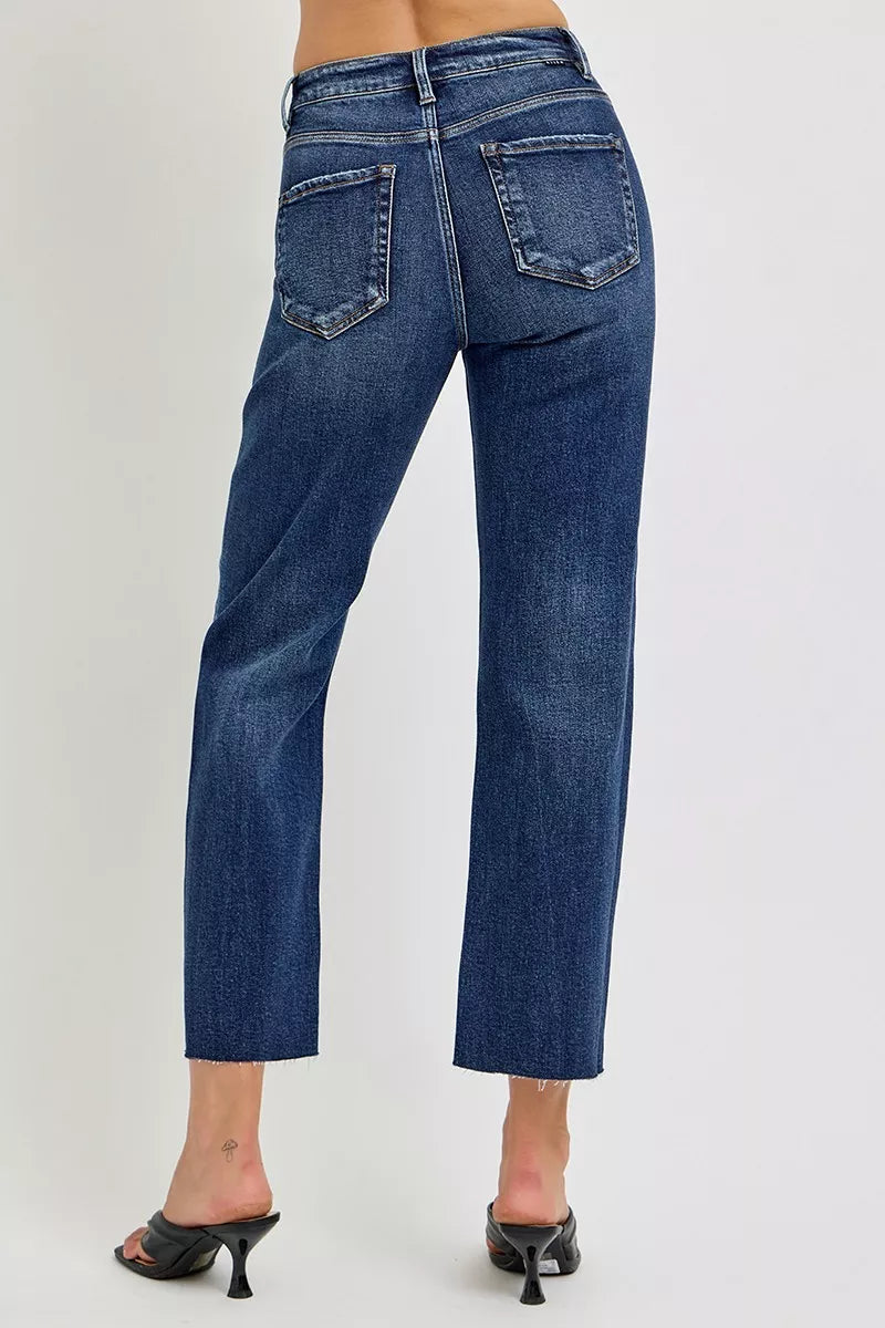 RISEN dark blue denim slim barrel jeans fabric texture