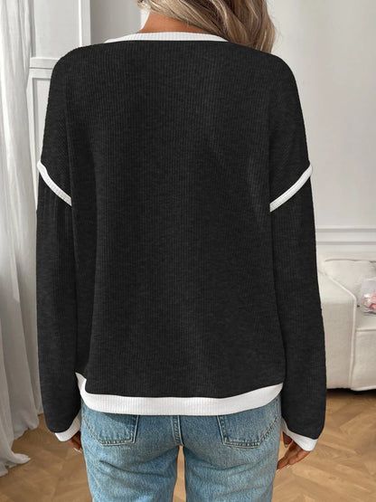 Ribbed Contrast Trim Long Sleeve Top - Fashorio