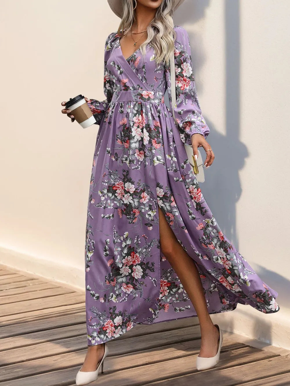 Surplice wrap maxi dress fabric and print detail