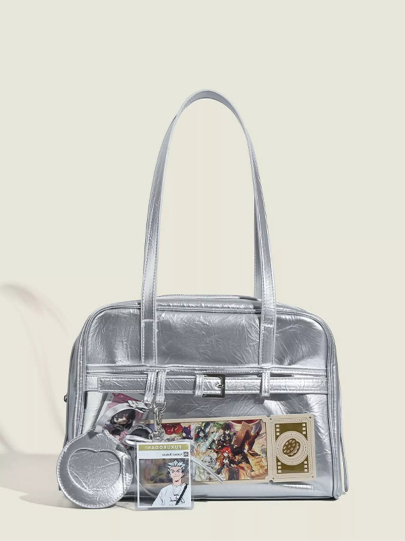 Silver faux leather clear window shoulder bag front view