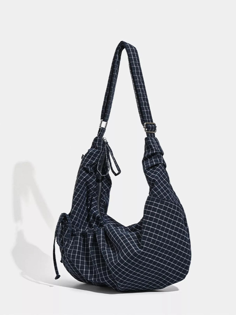 Navy plaid ruched shoulder bag front view