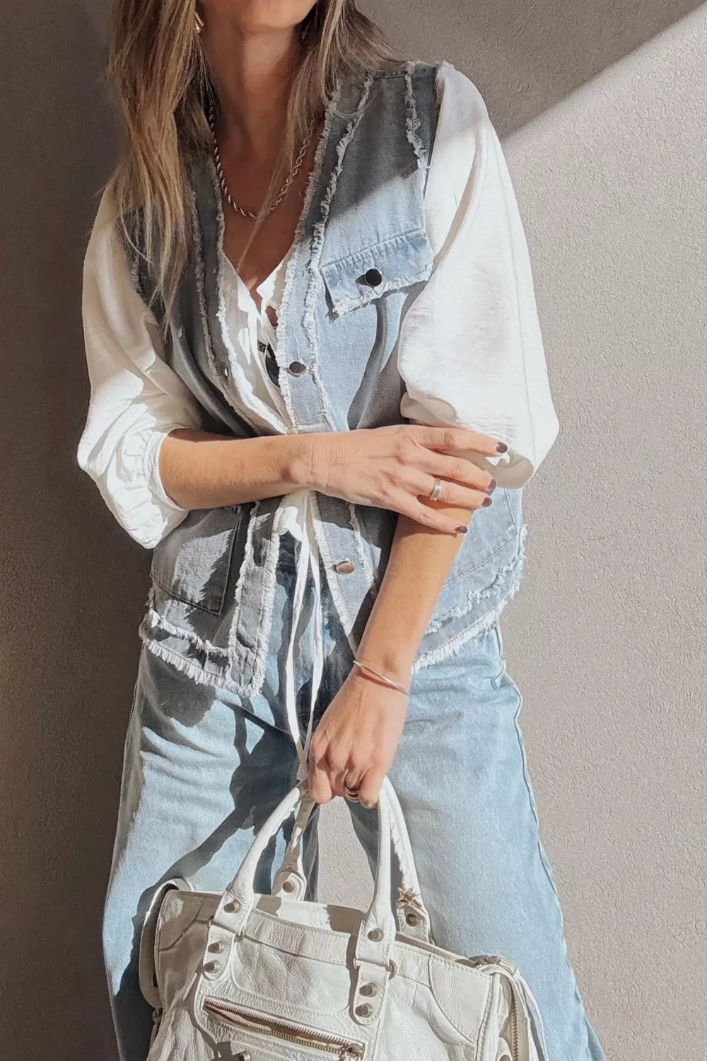 Frayed Flap Pocket Denim Vest in Light Blue back view