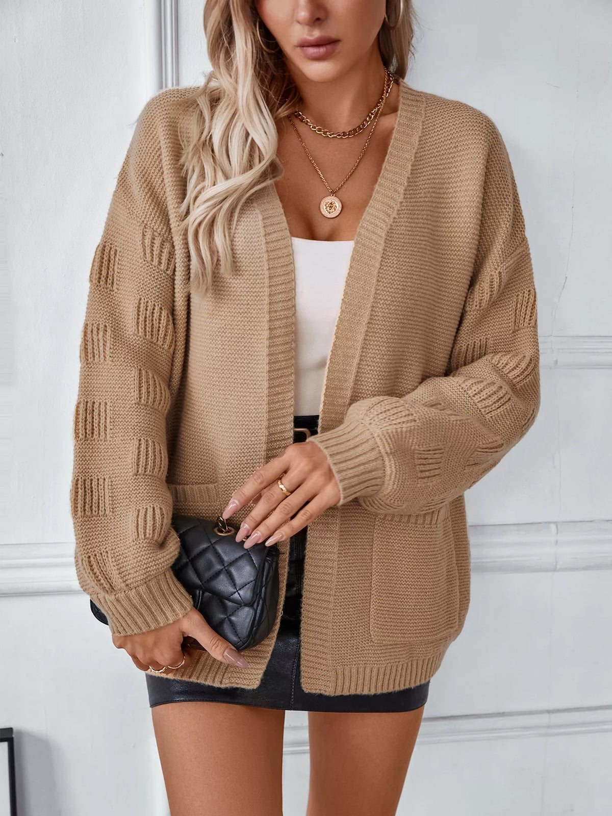 textured knit open front cardigan styled outfit view